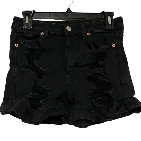 American Eagle Outfitters Pants - AMERICAN EAGLE MOM SHORTS Solid Black Zip Fly High Rise Roll Cuff Jeans Denim  4